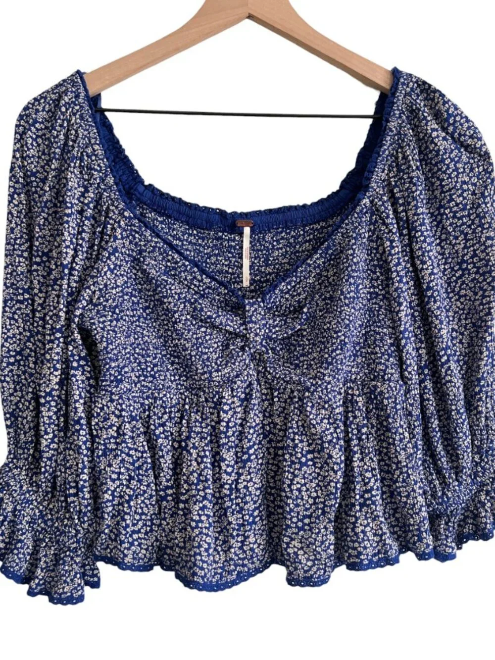 Free People Blue Disty Floral Printed Brittnee Babydoll Top